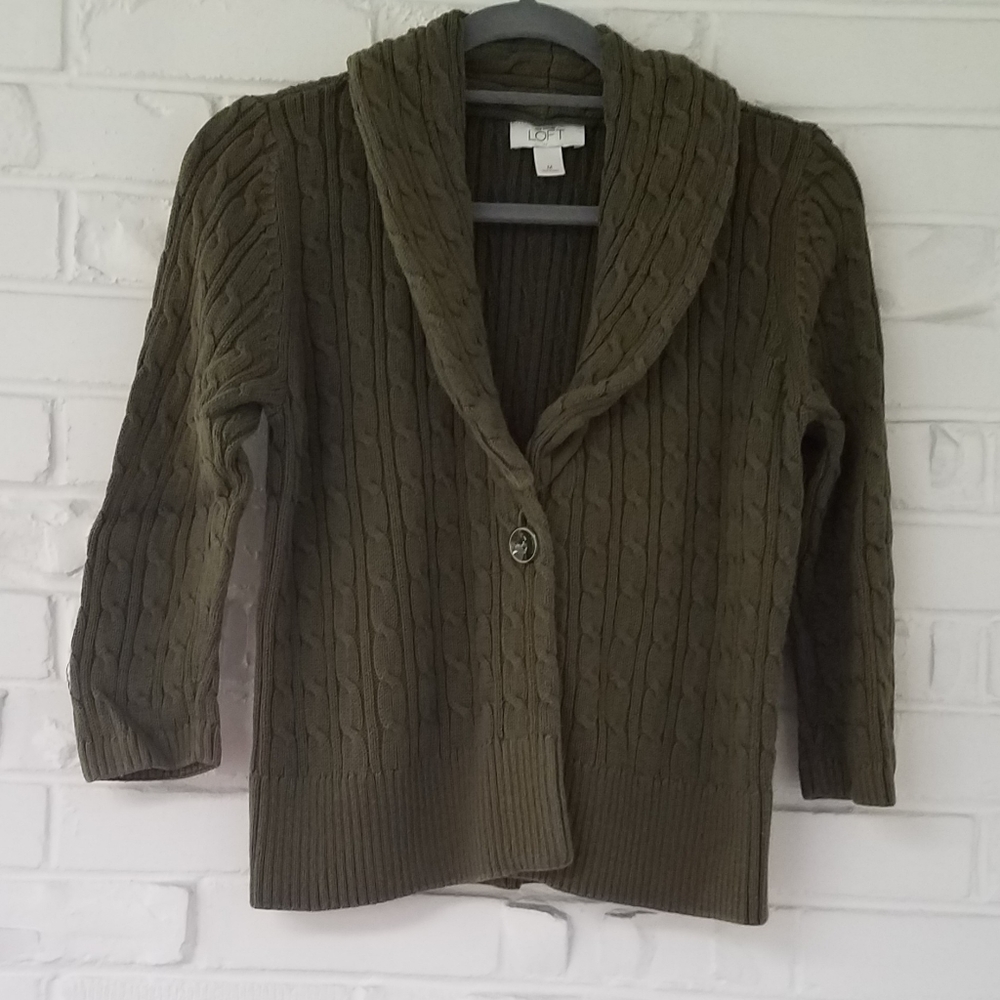 Ann Taylor LOFT Cable Knit Cardigan Olive Green M